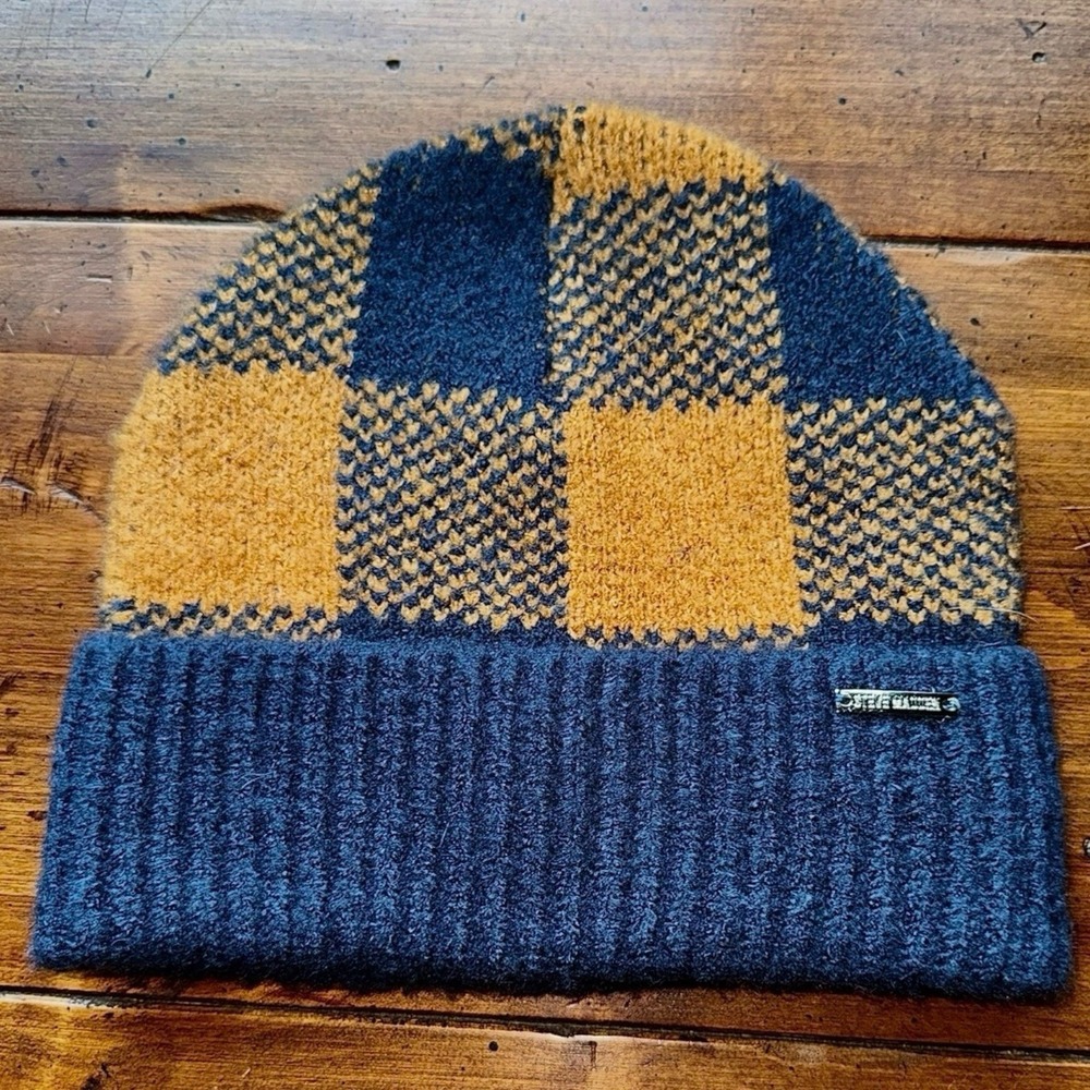 Beanie Steve Madden Navy Blue Mustard Buffalo Plaid Cuffed Knit Hat Unisex EUC